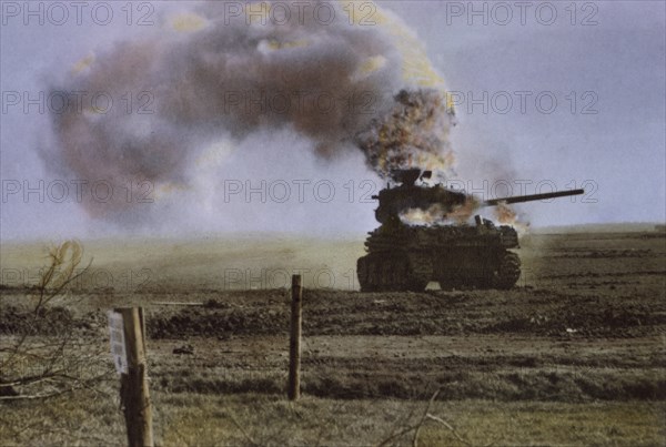 Medium Tank of Armored Division of U.S. First Army Knocked out by Enemy Artillery Fire, Rhineland Campaign, Germany, 1945