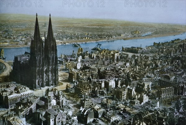 Damaged City and Rhine River, Cologne, Germany, Rhineland Campaign, 1945