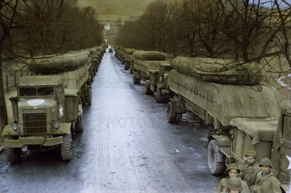 Pontoon Boats and Floats Being moved to Rhine River, Remagen, Germany, Rhineland Campaign, March 1945