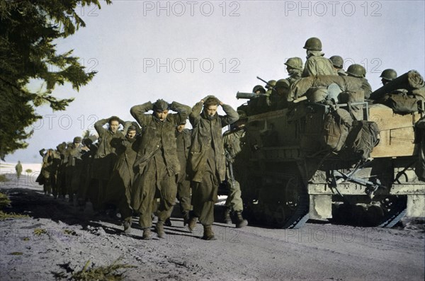 Prisoners Taken During Advance of Bastogne, Belgium, Being Evacuated, Ardennes-Alsace Campaign, Battle of the Bulge, December 1944