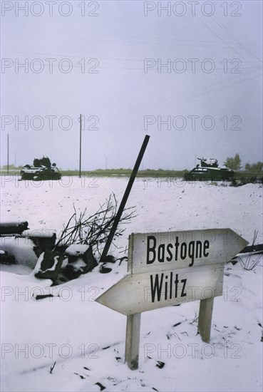 Knocked-Out U.S. Medium Tanks in Snowy Field, Ardennes-Alsace Campaign, Battle of the Bulge, Belgium, 1945