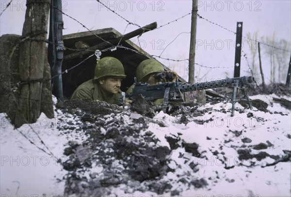 Airborne Infantrymen, .30-caliber Machine Gun, Ardennes-Alsace Campaign, Battle of the Bulge, 1945