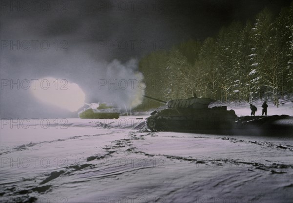 3-inch Gun Motor Carriage Firing on Enemy Positions at Night, Ardennes-Alsace Campaign, Battle of the Bulge, 1945