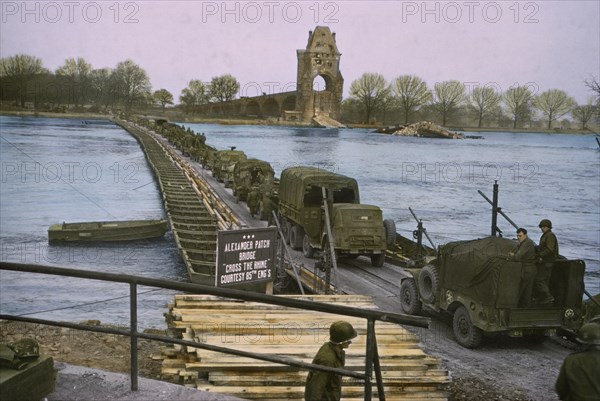 American Infantrymen and Trucks Crossing the Rhine near Worms, Germany, Central Europe Campaign, Western Allied Invasion of Germany, 1945