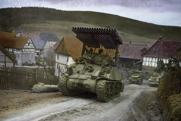 4.5-inch Multiple Rocket Launcher T34 Mounted on Medium Tank, Central Europe Campaign, Western Allied Invasion of Germany, 1945