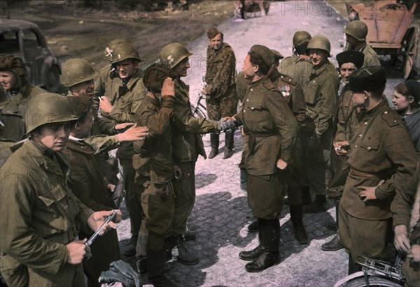 U.S. Officers and Enlisted Men Meet Russian Troops in Germany, Central Europe Campaign, Western Allied Invasion of Germany, 1945
