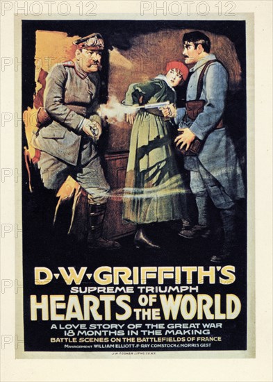 Erich von Stroheim, Lillian Gish, Robert Harron, Publicity Poster for the D.W. Griffith's Silent Film, "Hearts of the World", 1918