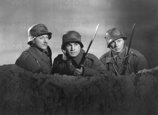 John Emery, Noah Beery, Jr., Henry Hunter, on-set of the Film, "The Road Back", Universal Pictures, 1937