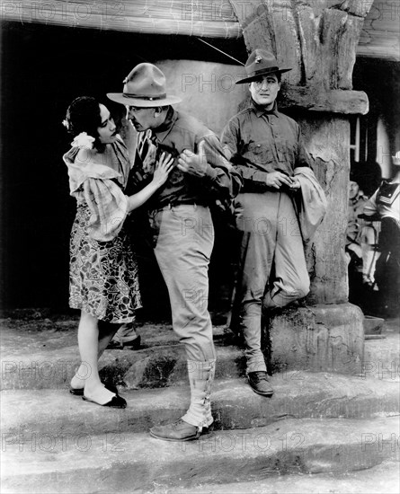 Delores del Rio, Victor McLaglen, Edmund Lowe, on-set of the Silent Film, "What Price Glory", 20th Century Fox, 1926
