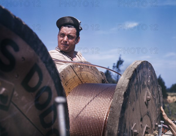 Construction Worker Building 33,000 Electric Power Line, Fort Knox, Kentucky, USA, Alfred T. Palmer for Office of War Information, June 1942