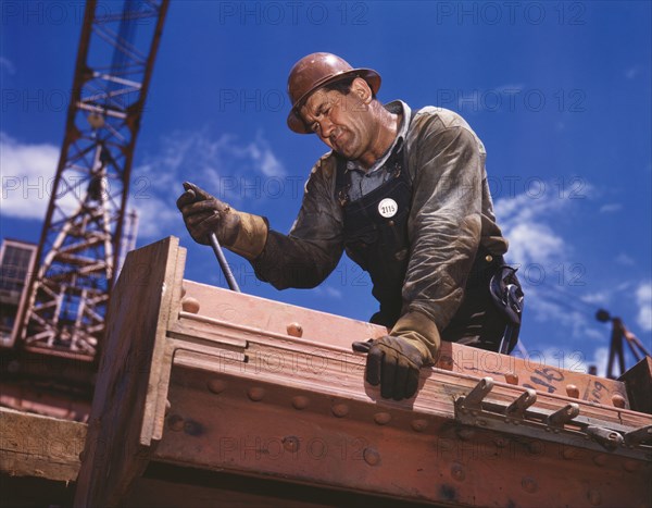 "Big Pete" Ramagos, Rigger at Work on TVA's Douglas Dam, French Broad River, Sevier County, Tennessee, USA, Alfred T. Palmer for Office of War Information, June 1942