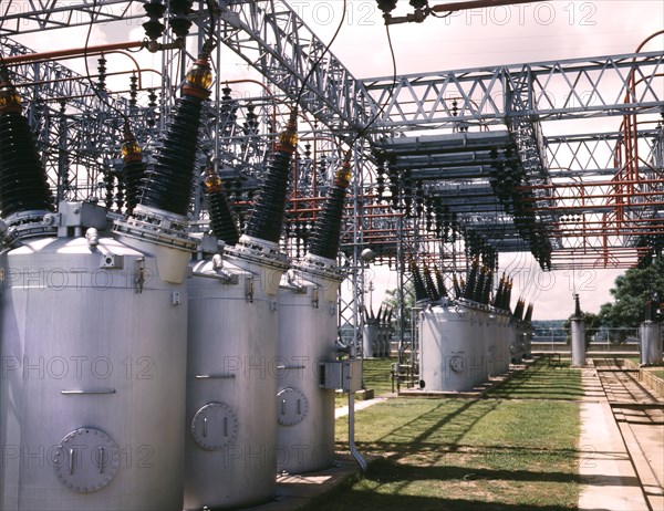 Switchyard at TVA's Wilson Dam Hydroelectric Plant, near Sheffield, Alabama, USA, Alfred T. Palmer for Office of War Information, June 1942