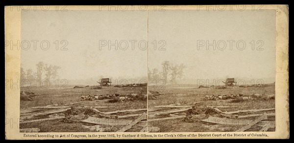View on Battlefield of Antietam where Sumner's Corps Charged the Enemy, Scene of Terrific Conflict, Stereo Card, Alexander Gardner, Gardner & Gibson, 1862