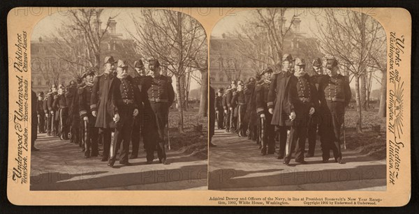 Admiral Dewey and Officers of the Navy, in line at President Roosevelt's New Year Reception, White House, Washington DC, USA, Stereo Card, Underwood & Underwood, 1902