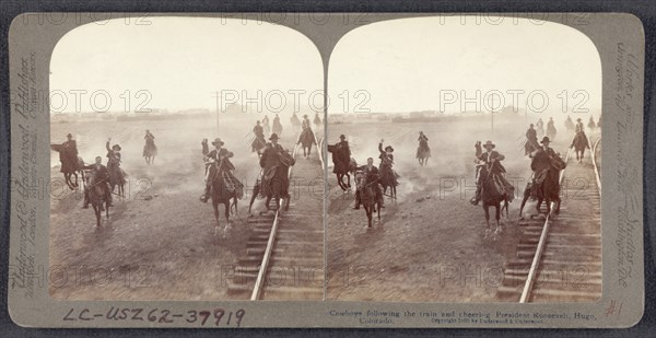 Cowboys Following Train and Cheering President Theodore Roosevelt, Hugo, Colorado, USA, Stereo Card, Underwood & Underwood, June 12, 1903