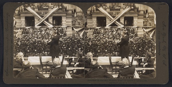 President Theodore Roosevelt Speech during Western Tour, Quincy, Illinois, USA, Stereo Card, R. Y. Young, American Stereoscopic Company, 1903