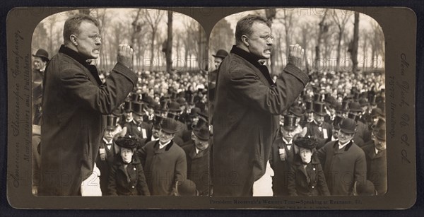 President Theodore Roosevelt Speech during Western Tour, Evanston, Illinois, USA, Stereo Card, R. Y. Young, American Stereoscopic Company, 1903