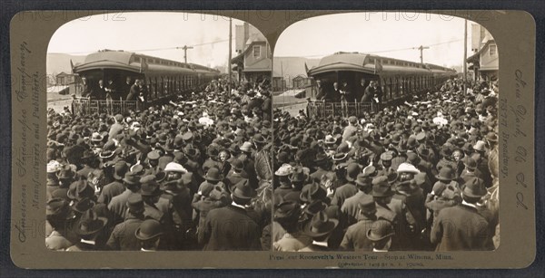 President Theodore Roosevelt Speech from Train during Western Tour, Winona, Minnesota, USA, Stereo Card, R. Y. Young, American Stereoscopic Company, 1903