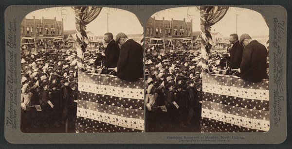 President Theodore Roosevelt during Speech, Mandan, North Dakota, USA, Stereo Card, Underwood & Underwood, 1903