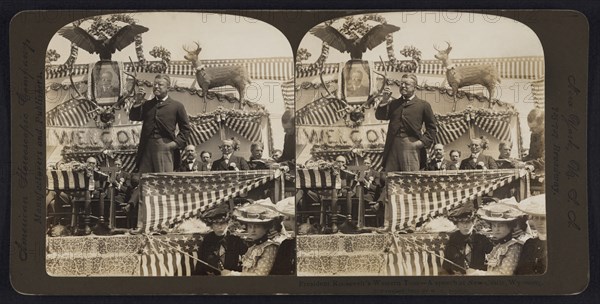 President Theodore Roosevelt Giving Speech during Western Tour, New Castle, Wyoming, USA, Stereo Card, R. Y. Young, American Stereoscopic Company, 1903