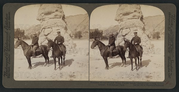 President Theodore Roosevelt's Western Tour, Visiting Liberty Cap, Yellowstone National Park, Wyoming, USA, Stereo Card, R. Y. Young, American Stereoscopic Company, 1903