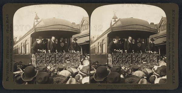 President Theodore Roosevelt Speaking from his Train, Colorado Springs, Colorado, USA, Stereo Card, H. C. White, Co., 1905