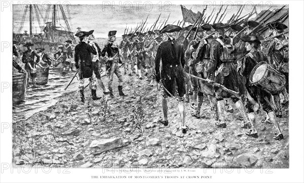 Richard Montgomery and Troops on Shore at Crown Point, New York, en Route for Invasion of Canada, 1775, "The Embarkation of Montgomery's Troops at Crown Point", The Century Illustrated Monthly Magazine drawn by Sydney Adamason, Engraving by J. W. Evans, 1902