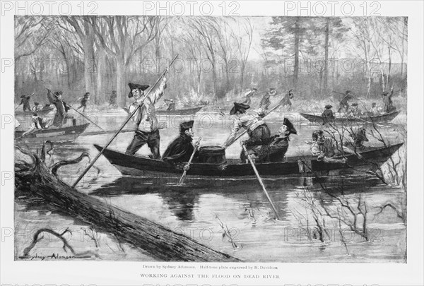 Troops, under Command of Benedict Arnold, at Skowhegan Falls, Maine en Rout to Invasion of Canada, 1775, "Working Against the Flood on Dead River", The Century Illustrated Monthly Magazine drawn by Sydney Adamason, Engraving by H. Davidson, 1903