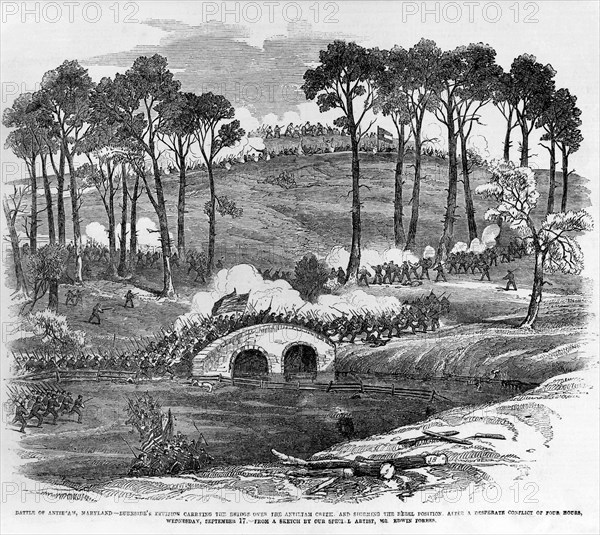 Burnside's Division Carrying the Bridge over the Antietam Creek, and Storming the Rebel Position, after a Desperate Conflict of Four Hours, Battle of Antietam, Maryland, USA, Wednesday, September 17, 1862, from a sketch by our special artist, Mr. Edwin Forbes, Wood Engraving, Frank Leslie's Illustrated Newspaper, October 11, 1862