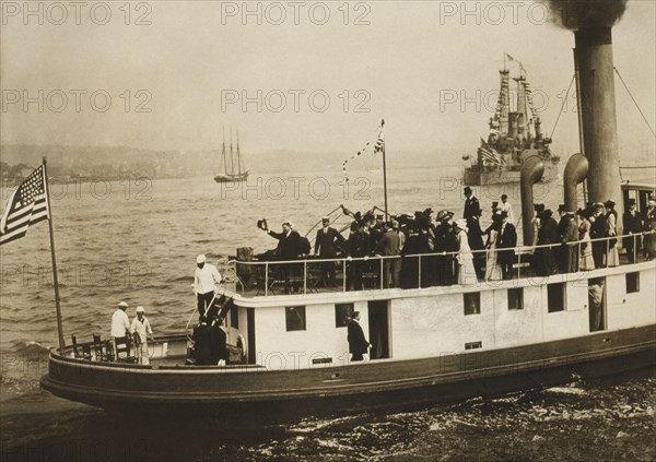 Theodore Roosevelt on Deck of Boat Arriving in New York Harbor, New York City, New York, USA, 1910