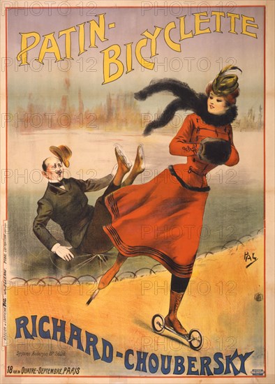 Poster Advertising Patin Bicyclette Road Skates invented by Charles Choubersky, "Patin-Bicyclette, Richard-Choubersky", 1896