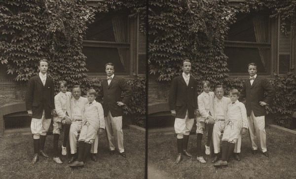 U.S. President Theodore Roosevelt with his Sons from Left, Kermit, Archibald, Quentin, Theodore III, Stereo Card, August 23, 1907