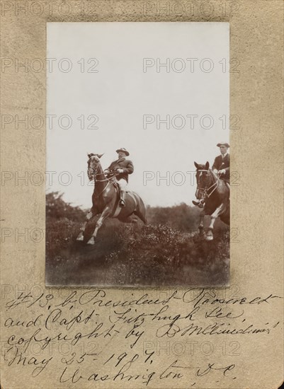 U.S. President Theodore Roosevelt and Captain Fitzhugh Lee Horseback Riding, Jumping over Hedge, Washington DC, USA, by Barnett McFee Clinedinst, May 25, 1907