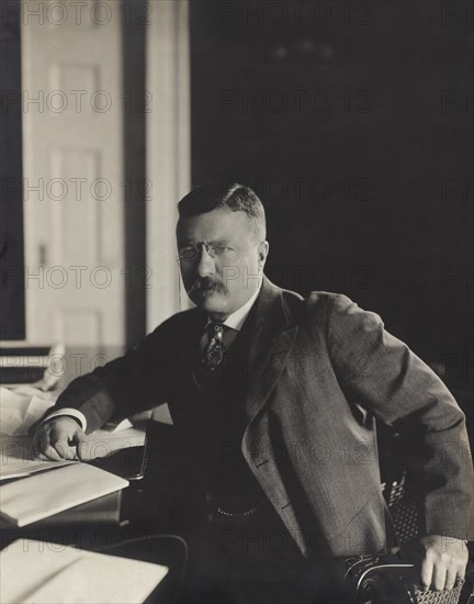 U.S. President Theodore Roosevelt, Seated Portrait at Desk in his new Office, Washington DC, USA, by Barnett McFee Clinedinst, February 10, 1903