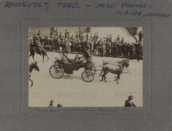 U.S. President Theodore Roosevelt Riding in Horse-Drawn Carriage Along Parade Route, Chicago, Illinois, USA, April 1903
