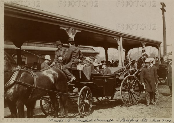 U.S. President Theodore Roosevelt Arriving in Horse-Drawn Carriage, Rockford, Illinois, USA, June 3, 1903