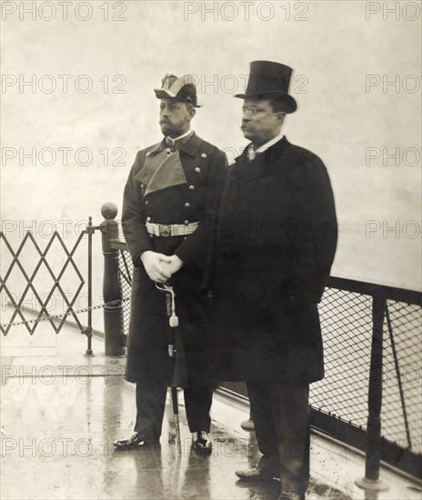U.S. President Theodore Roosevelt with Prince Henry of Prussia on Deck of Kaiser Wilhelm III's Imperial Yacht, Meteor III, during Yacht's Christening Ceremony, Shooters Island, New York, USA, by George Grantham Bain, February 1902