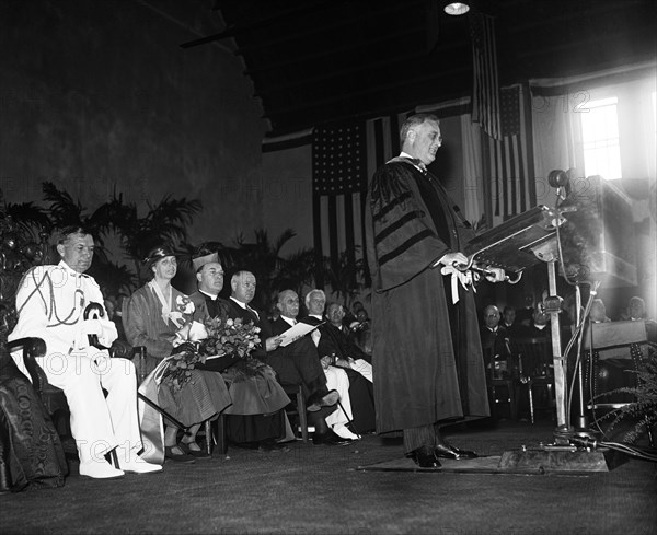 U.S. President Franklin Roosevelt delivering Speech while Accepting an Honorary Degree at Catholic University of America, Washington DC, USA, Harris & Ewing, June 14, 1933