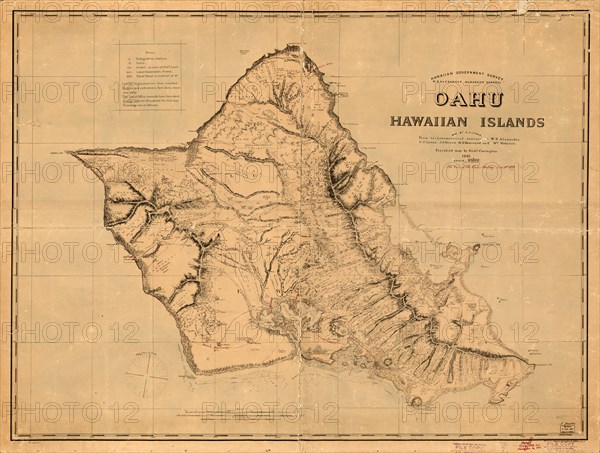 Oahu, Hawaiian Islands, Survey Map, by C.J. Lyons, from Trigonometrical Surveys by W.D. Alexander, C.J. Lyons, J.F. Brown, M.D. Monsarrat and Wm. Webster, Finished Map by Richard Covington, 1881