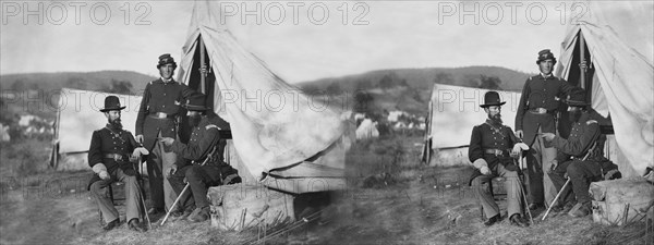 Colonel John S. Crocker, Lt. Colonel Benjamin C. Butler and Adjutant of 93rd New York Volunteers, Battle of Antietam, Stereo Card, Alexander Gardner, September 1862