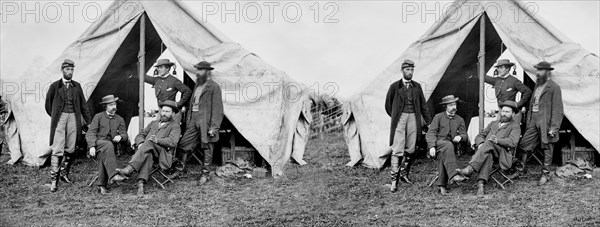 Group Portrait of (seated) R. William Moore, Allan Pinkerton, (standing) George H. Bangs, John C. Babcock, Augustus K. Littefield, Battle of Antietam, Stereo Card, Alexander Gardner, September 1862