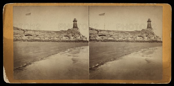 Lighthouse and U.S. Flag at Fort Sumter as seen from Beach at Morris Island, Charleston, South Carolina, Stereo Card, 1865