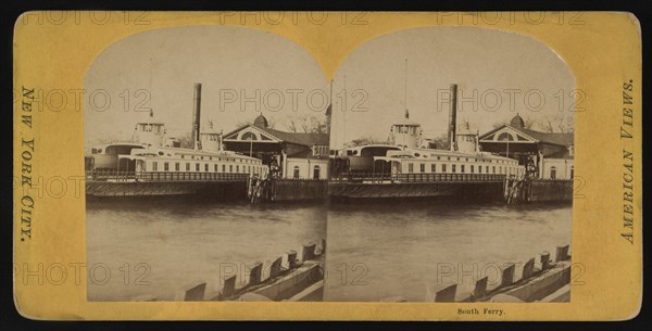 Ferry Boat Docked at Hamilton Ferry Terminal, New York City, New York, USA, George Stacy, Stereo Card, 1865