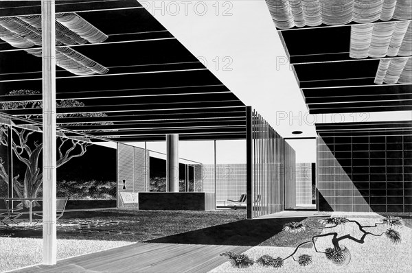 Architectural Drawing, Interior Perspective, Watson Residence, Gainesville, Florida, USA, Paul Rudolph, Architect, Twitchell and Rudolph, 1950