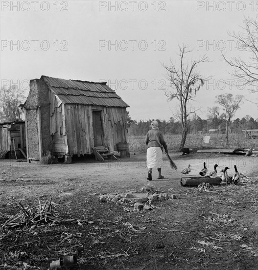 Woman Walking in Yard by Rural Cabin, near Beaufort, South Carolina, USA, Marion Post Wolcott, Farm Security Administration, December 1938