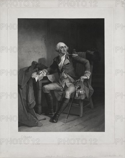 General George Washington, Seated Portrait Holding Letter from Reverend Jacob Duche, Begging Washington to Negotiate for Peace with the British, Valley Forge, 1777 Engraving by Edward S. Best after 1851 Christian Schuessele Original Painting