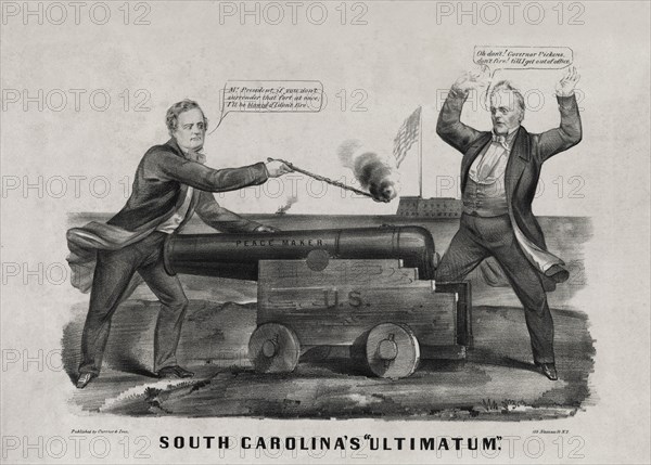 South Carolina's "Ultimatum", South Carolina Governor Francis Pickens and U.S. President James Buchanan negotiating Possession of Fort Sumter, Illustration, early 1861