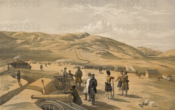 Highland Brigade Camp, Looking South, Artillery Soldiers and Cannons with Campsite in Background, Balaklava harbor in Background on Right, Crimean War, Lithograph by Thomas Pickens after Drawing by William Simpson, Published by Paul & Dominic Colnaghi & Co., 1855