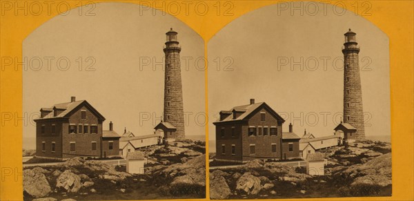 Thacher Island Lighthouse with Adjacent Keeper's House, Gloucester, Massachusetts, USA, by Hervey Friend, Stereo Card, 1869