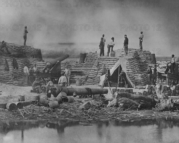 Bombardment of Fort Sumter from Battery Stevens Commanded by First Lieutenant James Wilson, 1st U.S. Artillery after the Fall of Battery Wagner, Morris Island, South Carolina, Haas & Peale, 1863